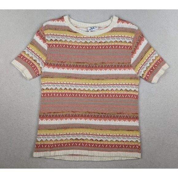 AMERICAN COLLECTION - WOMEN'S CORAL ORANGE STRIPED SHORT SLEEVE PULLOVER SWEATER - Picture 1 of 12
